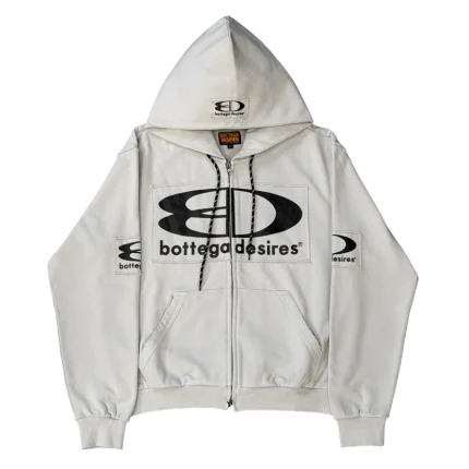 Bottega Desires Tech Jacket Grey front view with zip-up design, hood, and logo branding